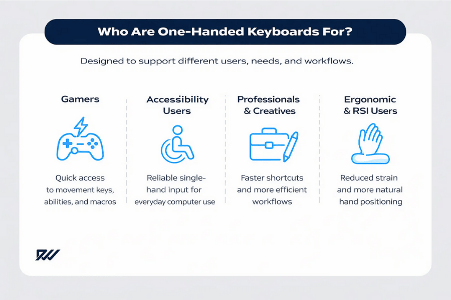 Infographic showing who one-handed keyboards are designed for, including gamers, accessibility users, professionals and creatives, and ergonomic or RSI users, with key benefits for each group.