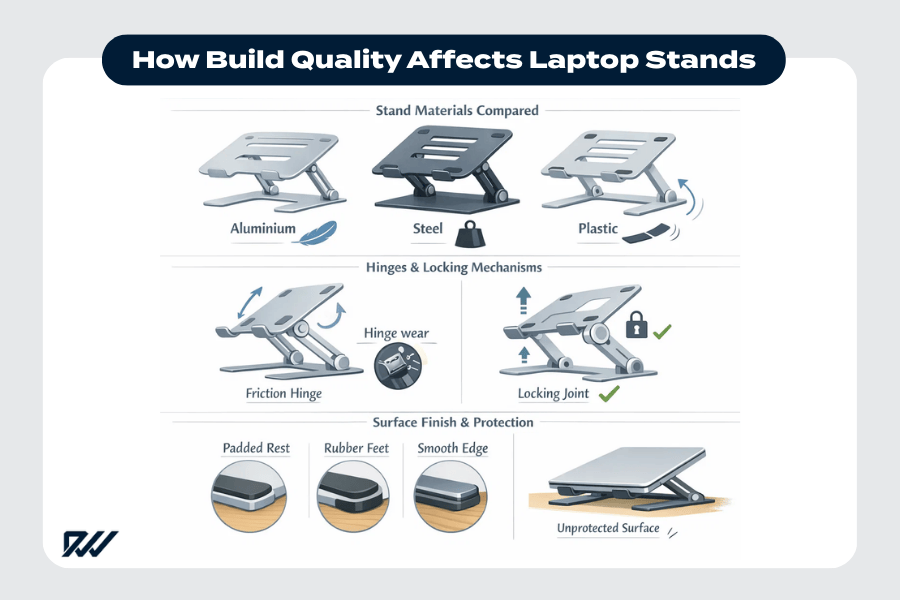 How build quality affects laptop stands, comparing aluminium, steel and plastic materials, different hinge and locking mechanisms, and surface finish features such as padding and rubber feet.