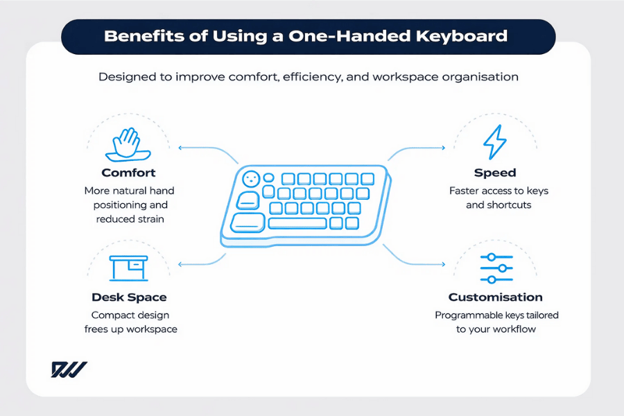 Infographic showing the benefits of using a one-handed keyboard, including improved comfort, faster access to keys, reduced desk space usage, and customisation through programmable keys.