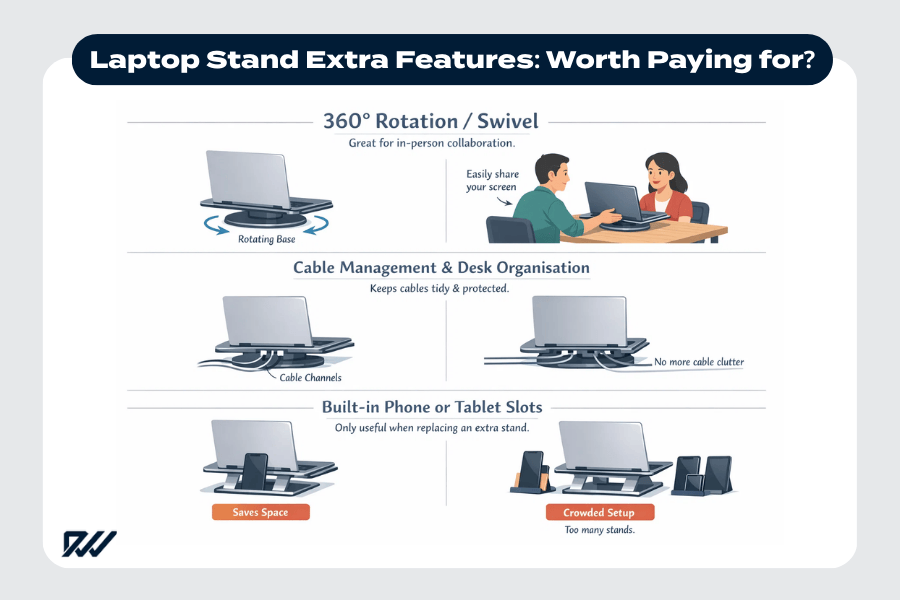 Laptop stand extra features comparison showing 360-degree rotation for screen sharing, cable management for desk organisation, and built-in phone or tablet slots with space-saving and cluttered setup examples.