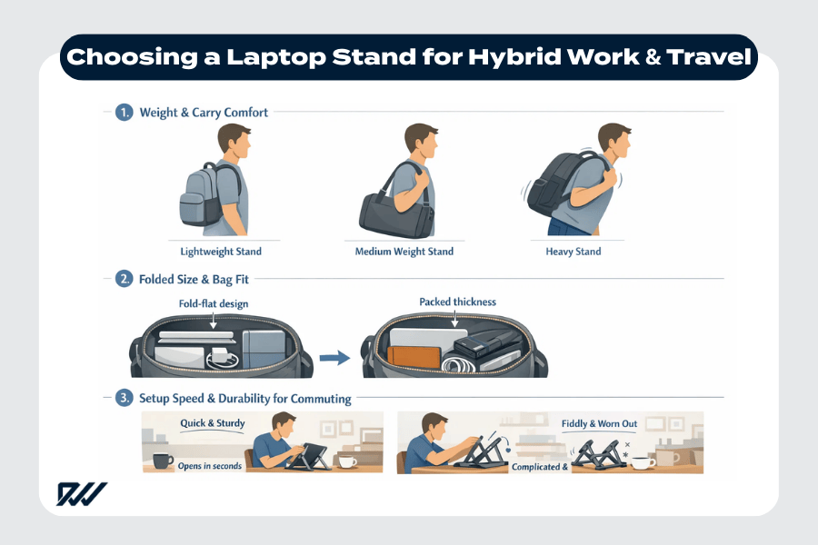 Choosing a laptop stand for hybrid work and travel, showing differences in weight and carry comfort, folded size for bag fit, and setup speed and durability for commuting.