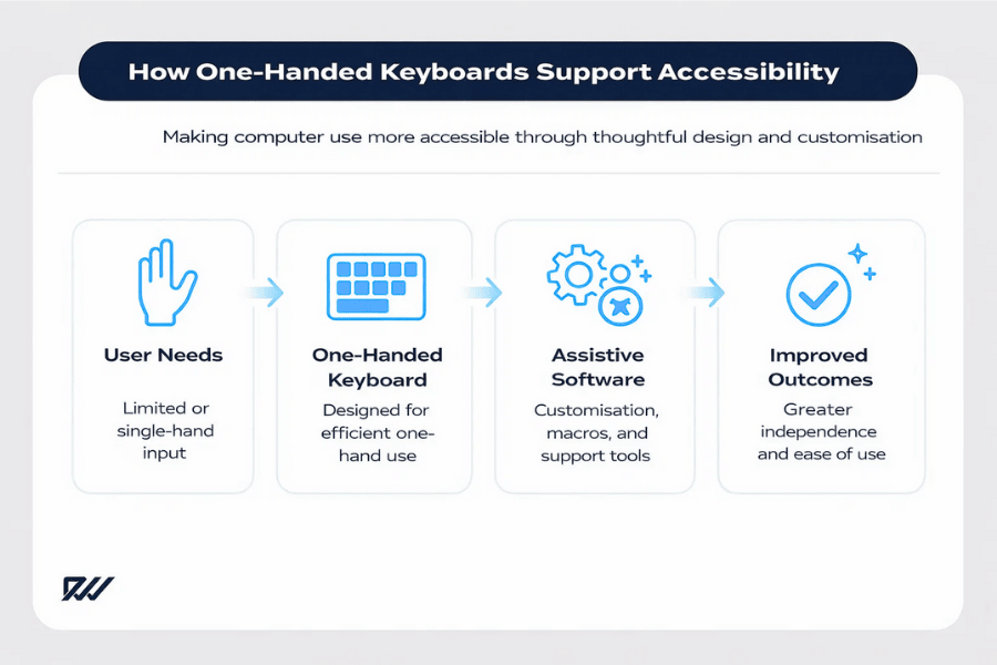 Flow diagram showing how one-handed keyboards support accessibility, moving from user needs to a one-handed keyboard, assistive software, and improved outcomes such as greater independence and ease of use.