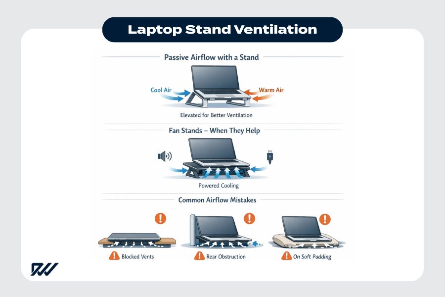 Laptop stand ventilation diagram showing passive airflow with an elevated stand, powered fan stands for additional cooling, and common airflow mistakes such as blocked vents and rear obstructions.