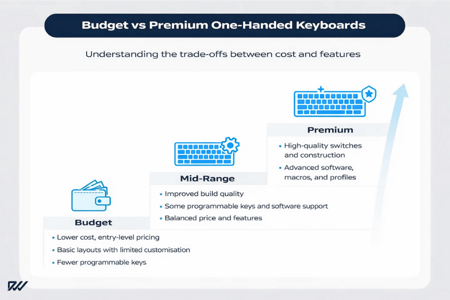 Infographic comparing budget, mid-range, and premium one-handed keyboards, showing increasing price alongside improved build quality, programmability, and software features.