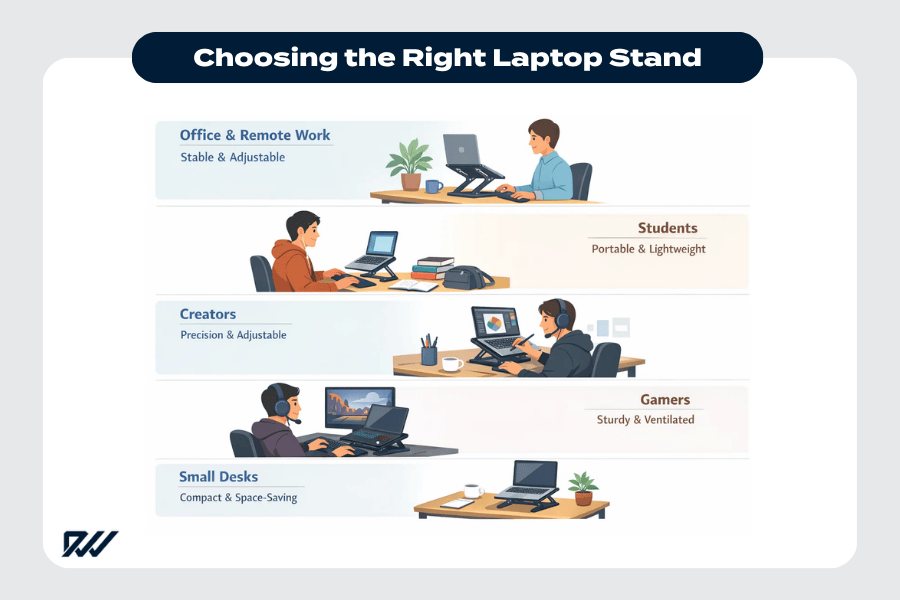 Choosing the right laptop stand illustrated for different users, including office and remote workers, students, creators, gamers and small desk setups, highlighting stability, portability and ventilation needs.