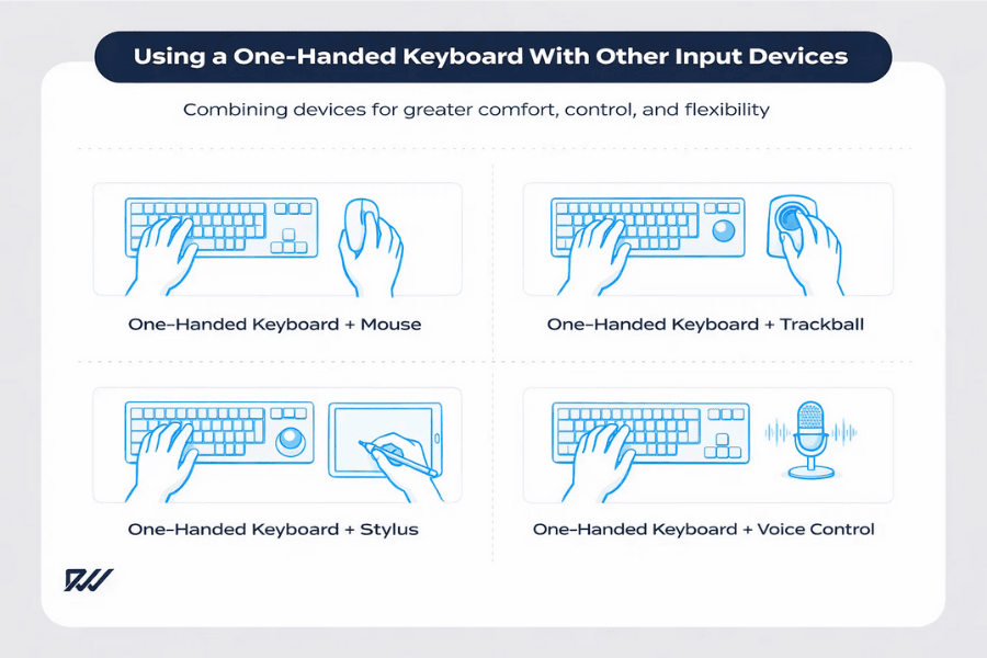 Infographic showing different ways to use a one-handed keyboard with other input devices, including a mouse, trackball, stylus, and voice control.