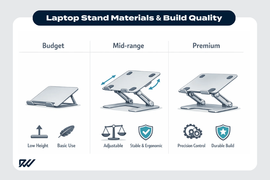 Laptop stand materials and build quality comparison showing budget, mid-range and premium stands, highlighting differences in adjustability, stability, ergonomics and durability.