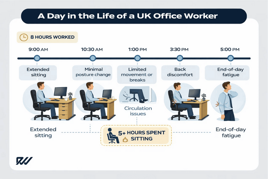 Timeline infographic showing a typical UK office worker’s day, highlighting long periods of sitting, limited movement, back discomfort and end-of-day fatigue.