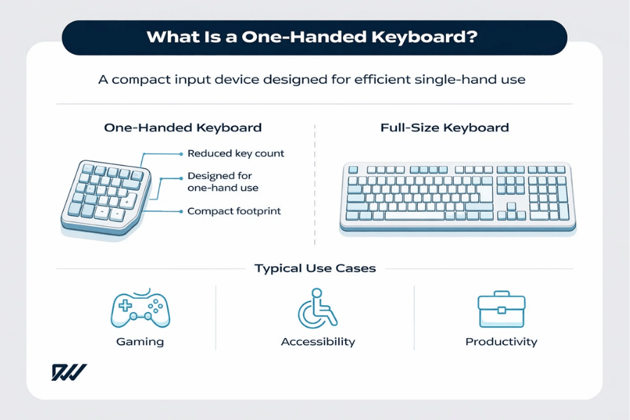 Infographic comparing a one-handed keyboard and a full-size keyboard, highlighting reduced key count, single-hand use, compact size, and typical use cases including gaming, accessibility, and productivity.