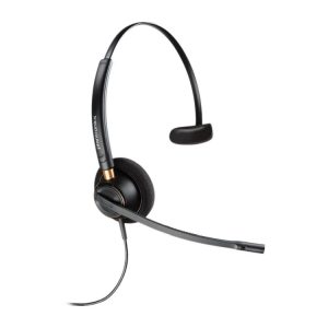 Plantronics EncorePro 510 headset shown on a white background, displaying a single ear professional wired headset with noise cancelling microphone for clear workplace communication.