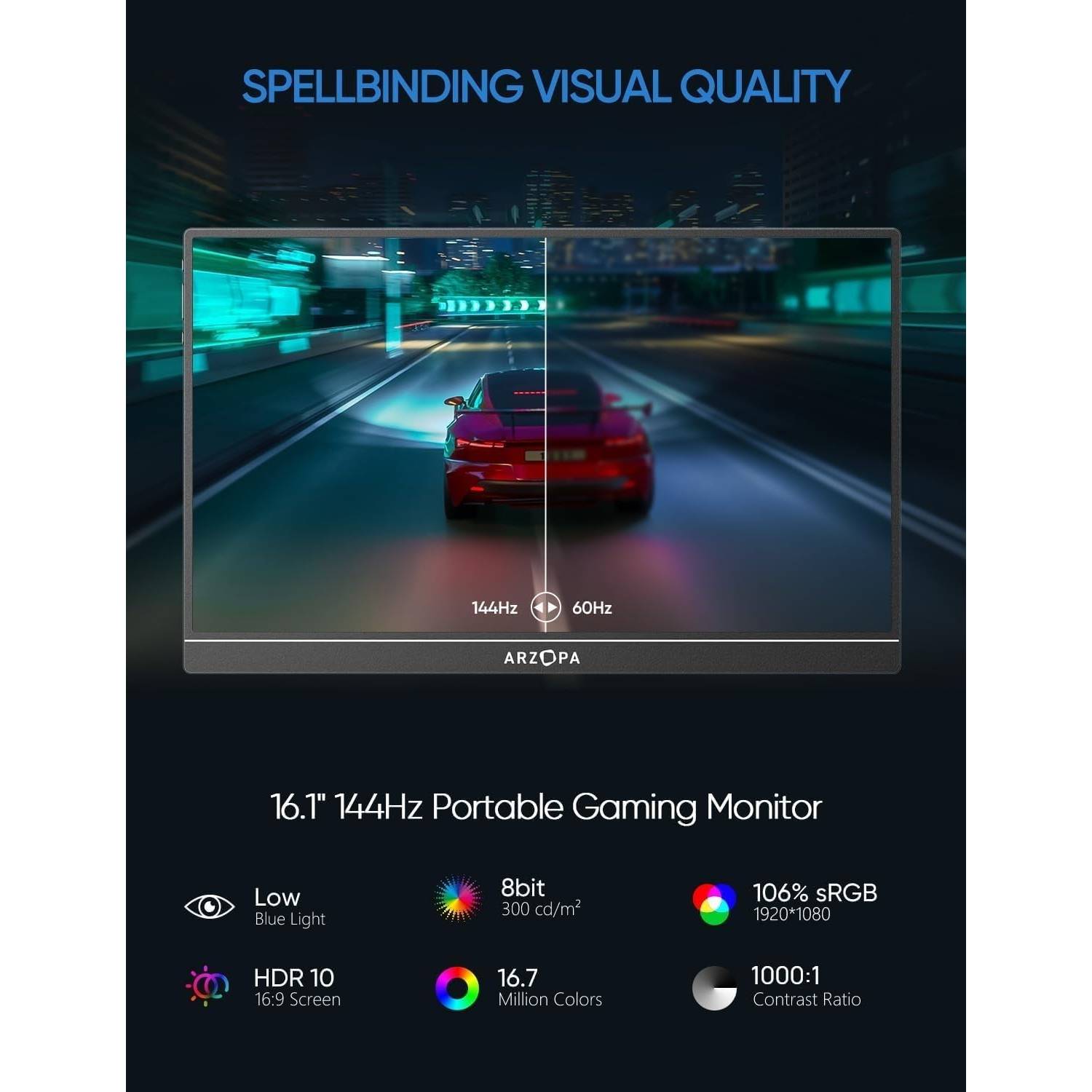 ARZOPA 16.1 inch 144Hz portable monitor comparison showing smoother motion at higher refresh rates.