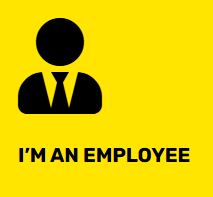 graphic of a person in a business suit. graphic is black, with no features, simly an icon. the background of the image is yellow. text underneath states I'm an Employee