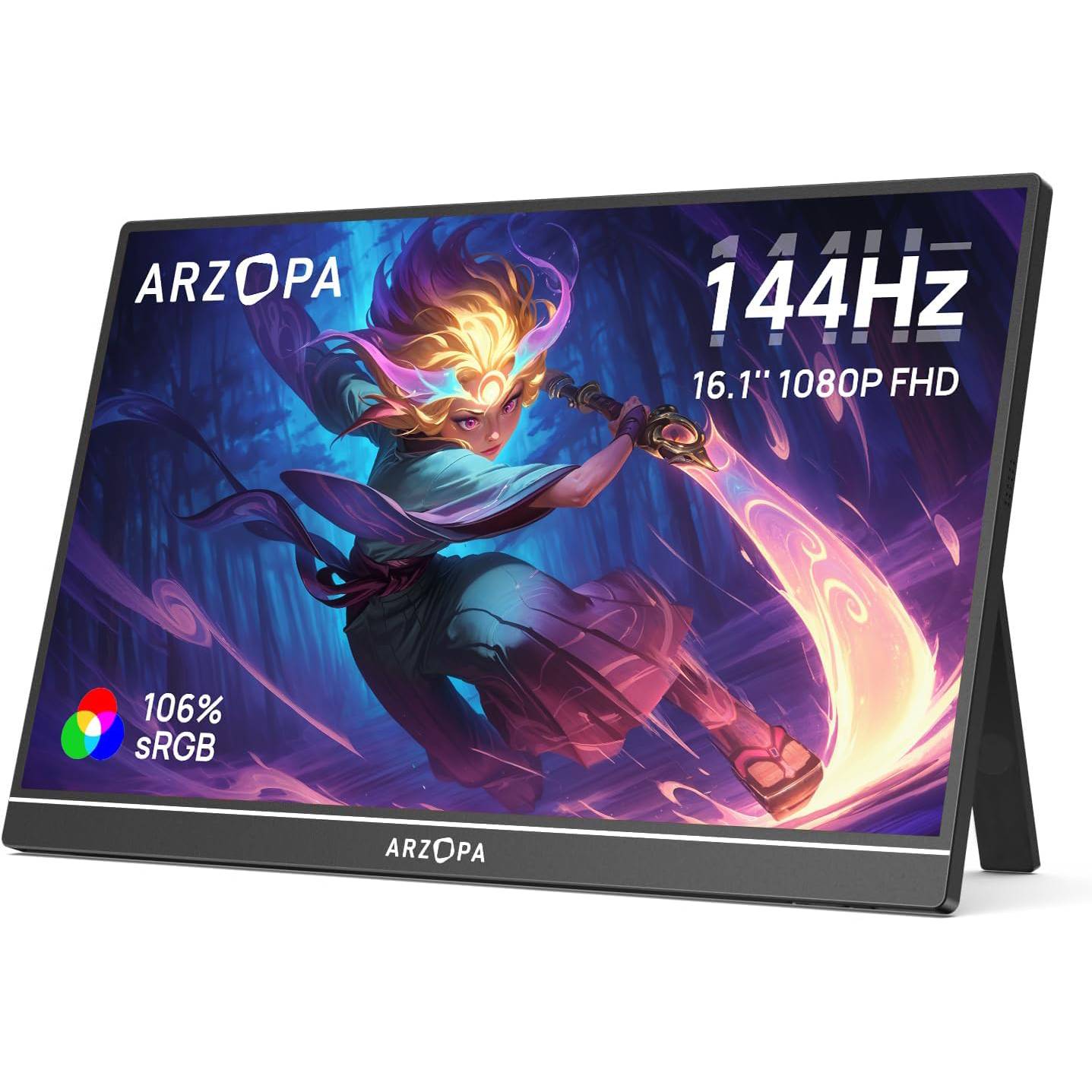 ARZOPA 16.1 inch 144Hz portable monitor displaying high resolution gaming visuals on a slim freestanding screen.