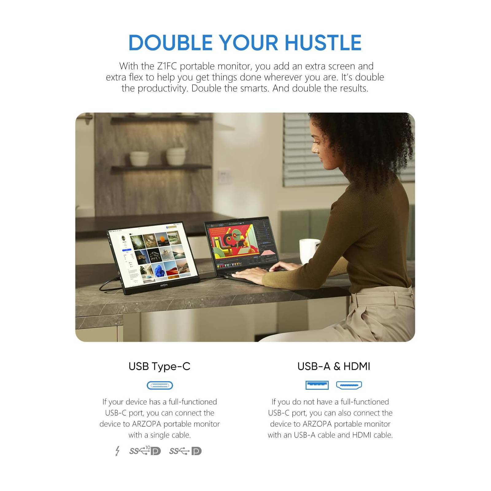 ARZOPA 16.1 inch portable monitor used as a second screen alongside a laptop in a home workspace.