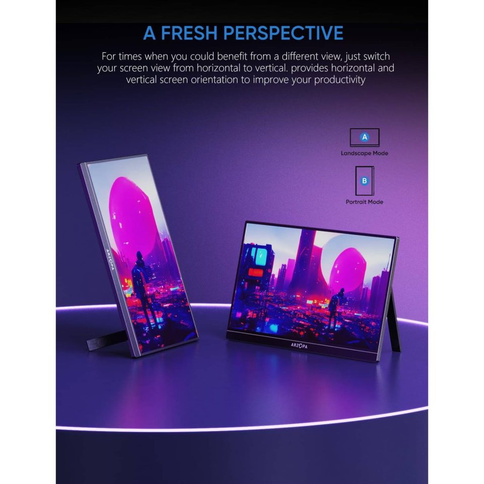 ARZOPA 16.1 inch portable monitor shown in landscape and portrait orientation for flexible screen use.