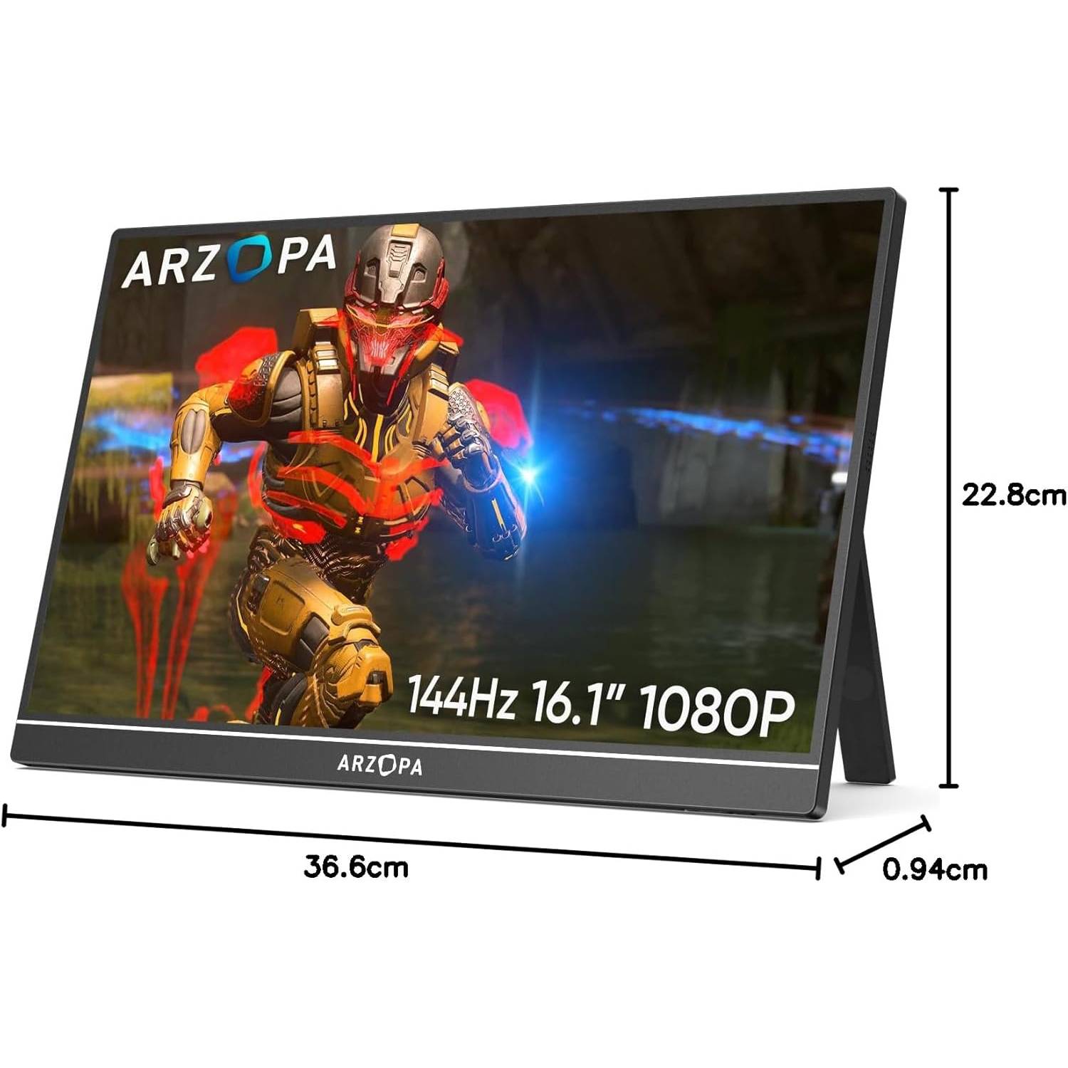 ARZOPA 16.1 inch 144Hz portable monitor showing slim profile and physical dimensions.