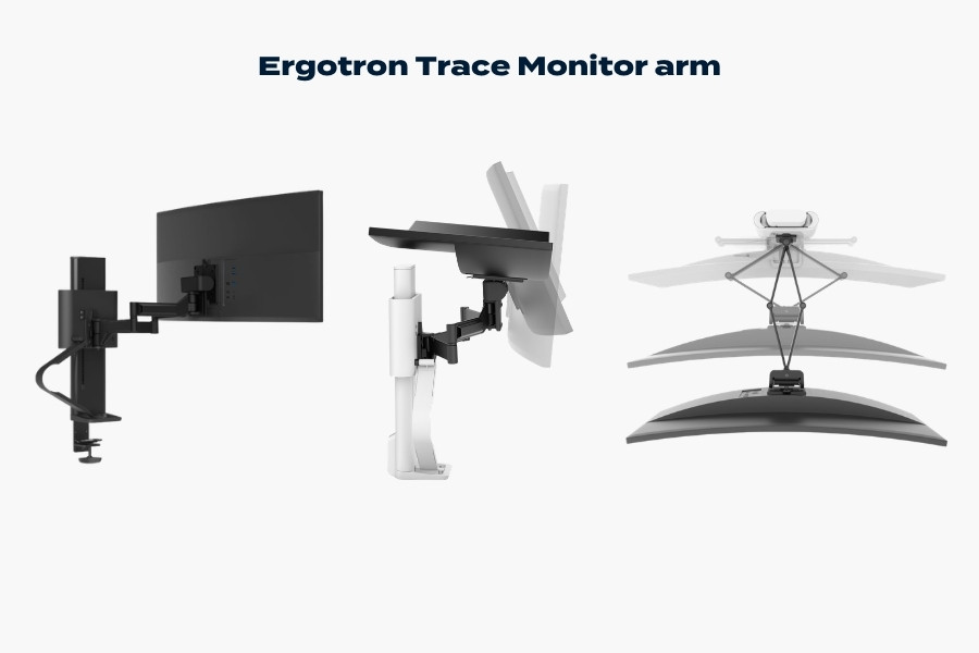 Ergotron Trace monitor arm showing articulated movement, vertical adjustment and cable management in a premium single-monitor setup.