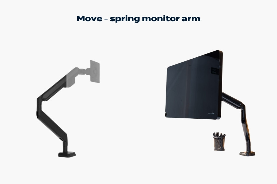 Move spring monitor arm showing single-screen adjustment range and mounted display on a modern desk setup.