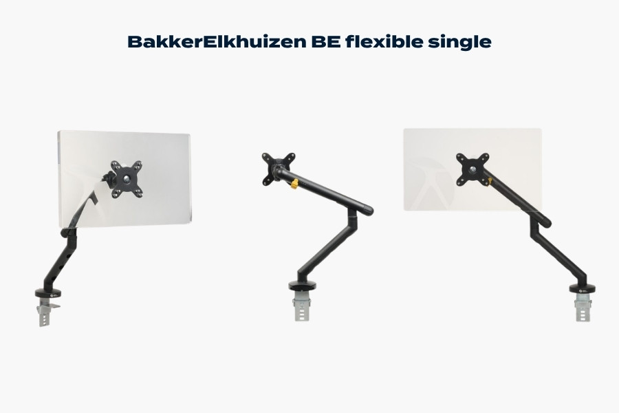 BakkerElkhuizen BE Flexible single monitor arm showing articulated adjustment, VESA mount and desk clamp installation.