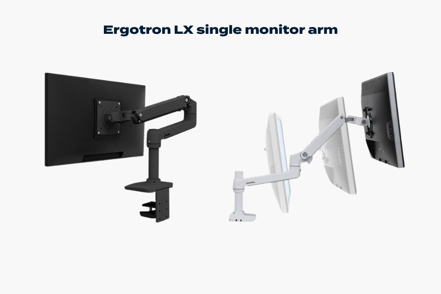 Ergotron LX single monitor arm showing articulated adjustment, VESA mounting and desk clamp installation in black and white finishes.