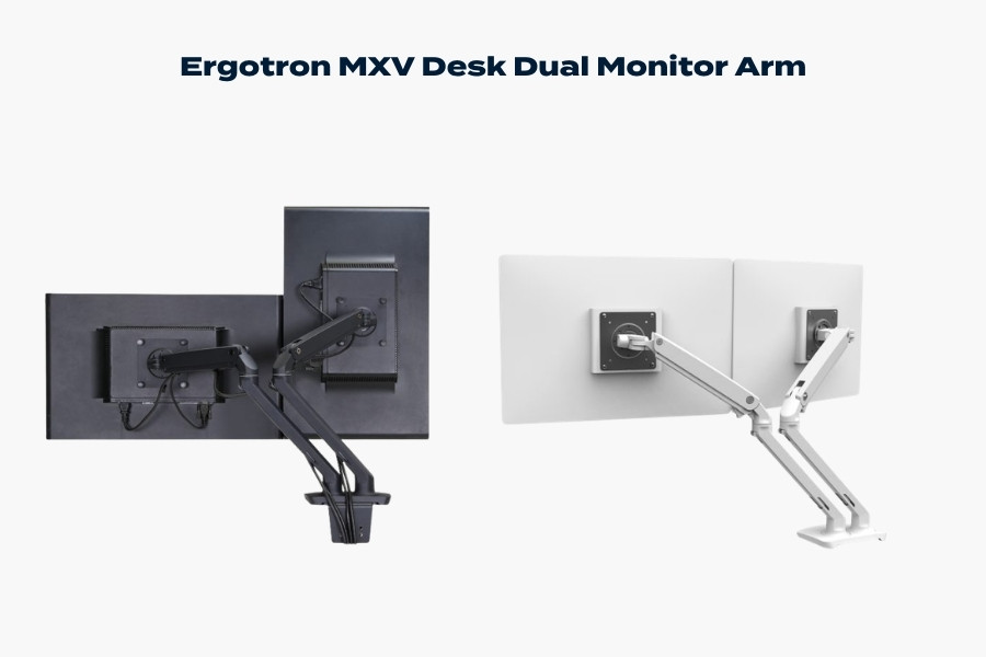 Ergotron MXV desk dual monitor arm showing two-screen mounting, articulated adjustment and compact dual-arm base.