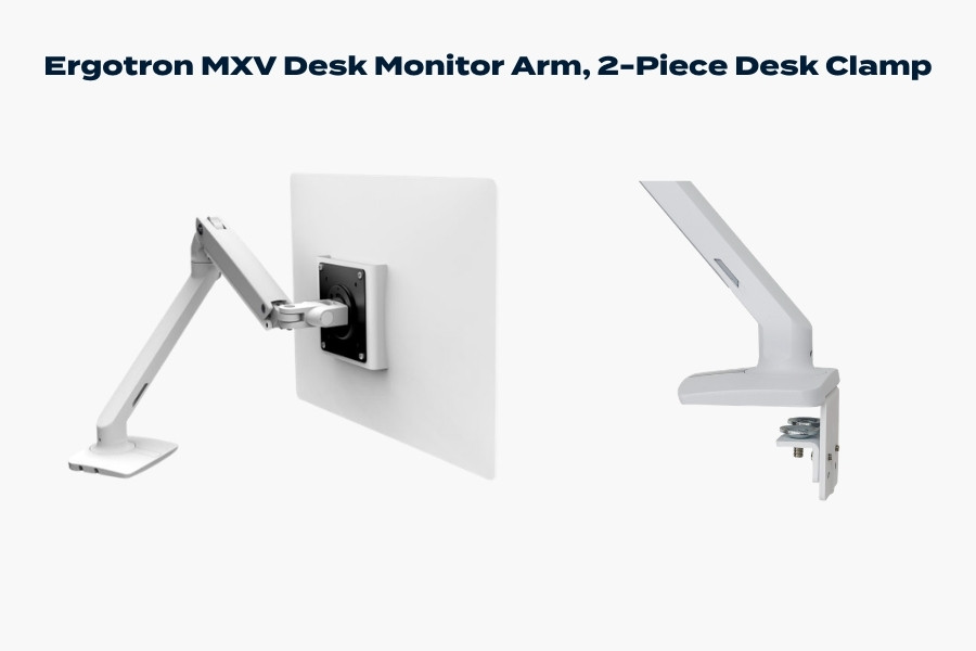 Ergotron MXV desk monitor arm with 2-piece desk clamp showing single-screen mounting, articulated adjustment and compact base.
