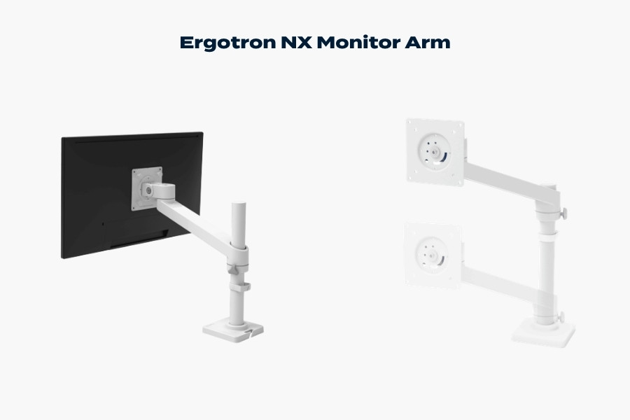 Ergotron NX monitor arm showing single-screen mounting, VESA plate and adjustable arm positioning on a desk clamp base.