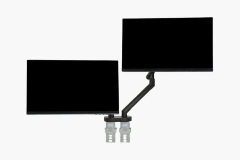 BakkerElkhuizen BE Flexible dual monitor arm showing two-screen ergonomic positioning and adjustable dual-arm setup.