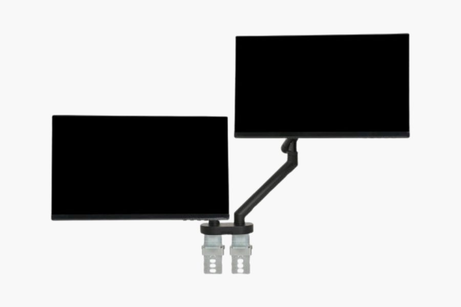 BakkerElkhuizen BE Flexible dual monitor arm showing two-screen ergonomic positioning and adjustable dual-arm setup.