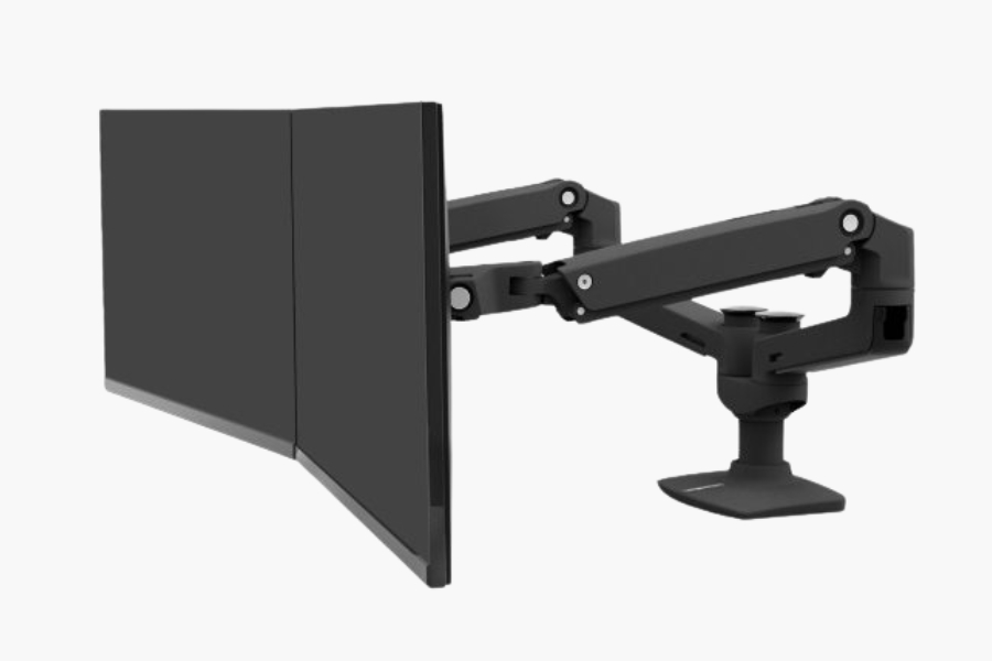 Ergotron LX dual monitor arm showing articulated dual-screen positioning and stable shared desk mount.