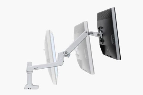 Ergotron LX single monitor arm showing articulated movement and screen positioning flexibility on a desk-mounted base.