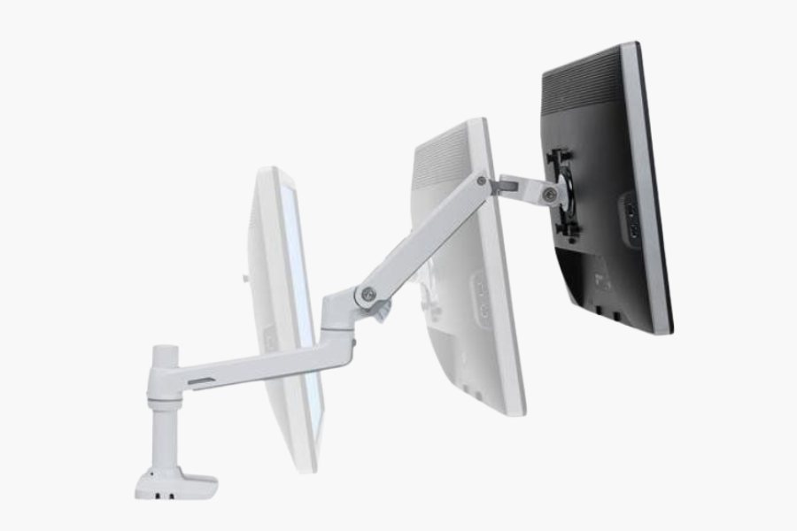 Ergotron LX single monitor arm showing articulated movement and screen positioning flexibility on a desk-mounted base.