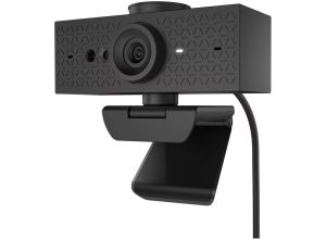 HP Webcam 625 FHD front view, showing central lens, dual microphones and textured black casing