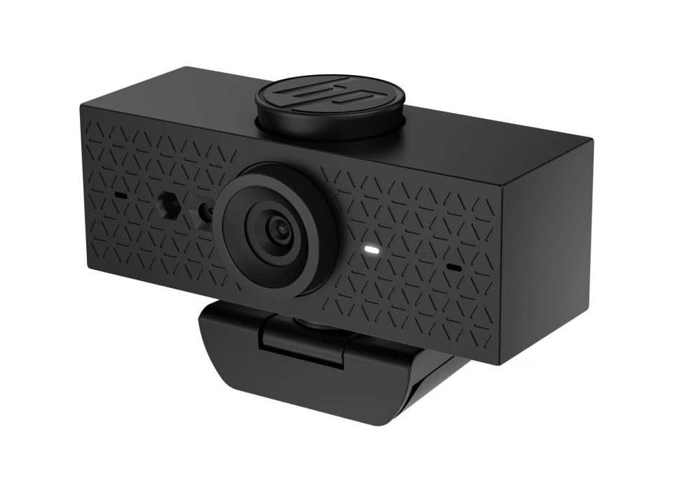 HP Webcam 625 FHD angled front view showing central wide angle lens, dual microphones and textured black casing with a closed monitor mount