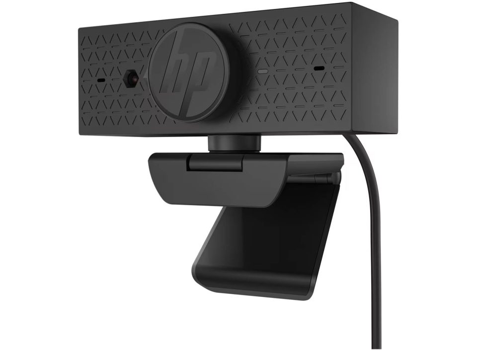 HP Webcam 625 FHD with privacy shutter closed, mounted on monitor clip showing HP logo on front and attached cable