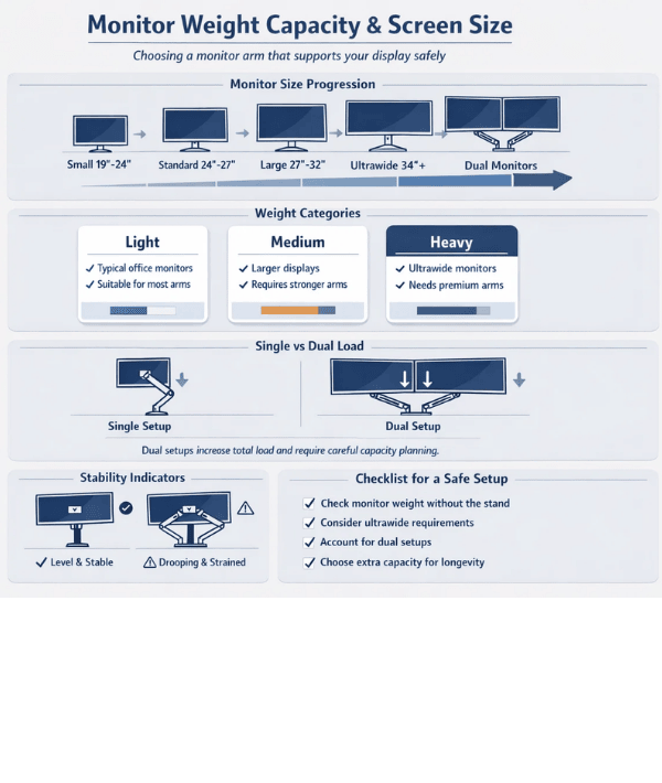 Monitor weight capacity and screen size infographic showing monitor size progression, weight categories, single versus dual load impact and stability indicators for monitor arms.