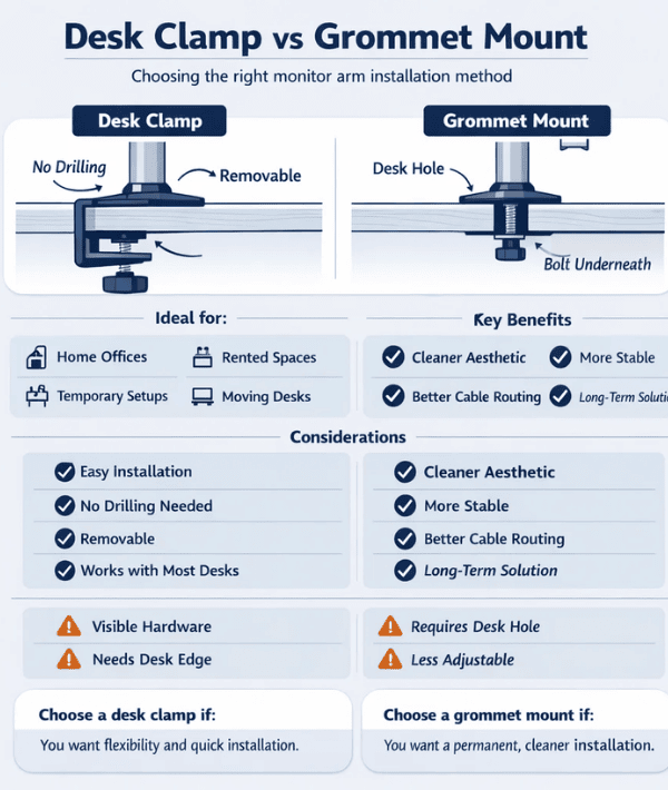 Desk clamp vs grommet mount infographic showing monitor arm installation methods, including removable desk clamps and permanent grommet mounts with benefits, ideal uses and key considerations.