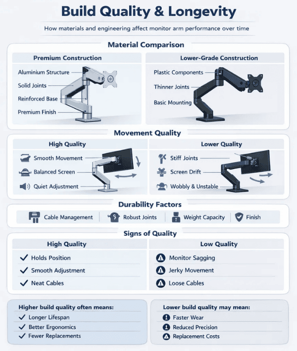 Build quality and longevity infographic comparing premium aluminium monitor arms with lower-grade plastic models, showing movement quality, durability factors and signs of high versus low monitor arm quality.