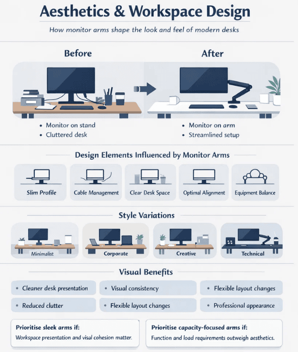 Aesthetics and workspace design infographic showing before and after desk setups using monitor arms, design elements and visual benefits.