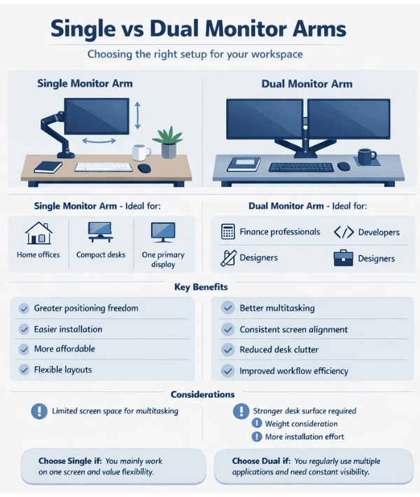Single vs dual monitor arms infographic showing workspace layouts, ideal users, benefits and setup considerations for each monitor arm configuration.