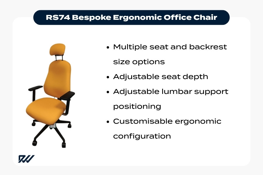 RS74 bespoke ergonomic office chair with adjustable seat depth, custom seat sizes, and adjustable lumbar support for personalised seating.