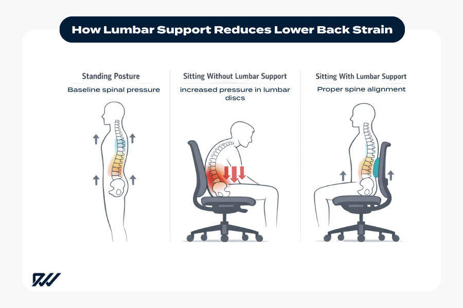 Infographic showing how lumbar support reduces lower back strain, comparing standing posture, sitting without lumbar support, and sitting with lumbar support in an ergonomic office chair.