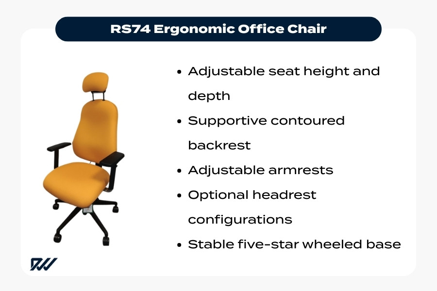 RS74 ergonomic office chair with adjustable seat height, contoured backrest and optional headrest