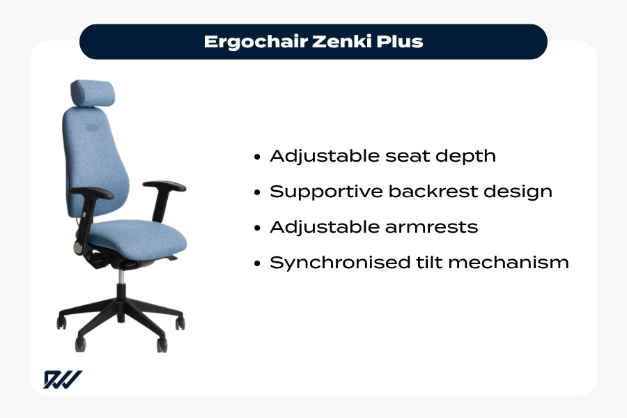 Ergochair Zenki Plus ergonomic office chair with adjustable seat depth, supportive backrest, adjustable armrests, and synchronised tilt mechanism.