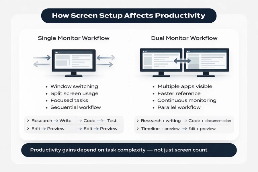 Infographic comparing single vs dual monitor productivity workflows, showing linear window switching on one screen versus parallel multitasking across two screens.