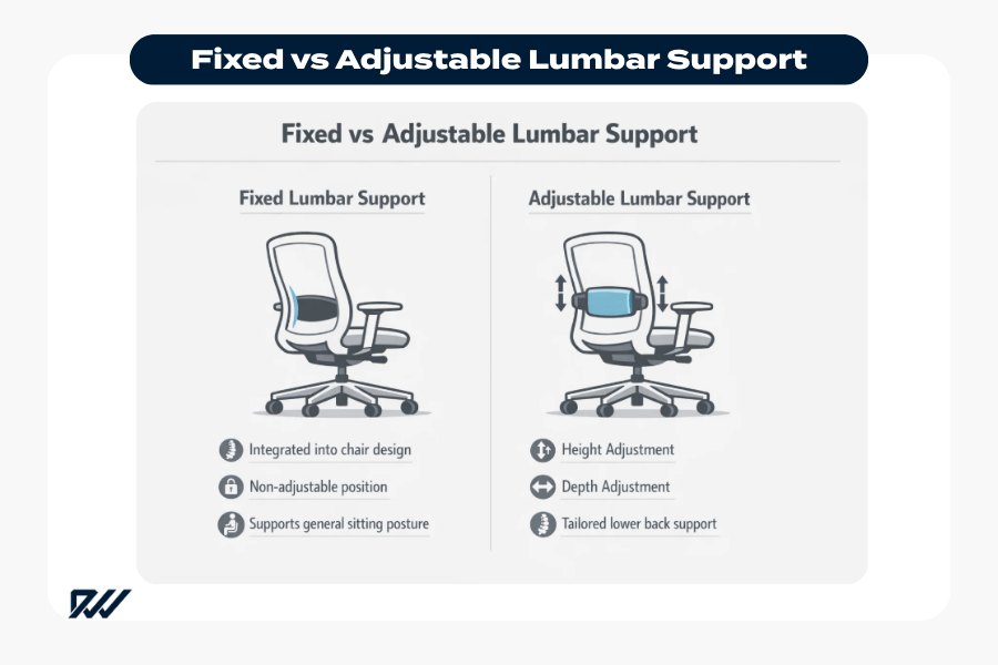 Infographic comparing fixed lumbar support and adjustable lumbar support in ergonomic office chairs, showing built-in support versus adjustable height and depth lumbar mechanisms.