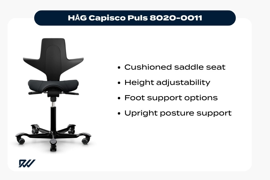 HÅG Capisco Puls 8020 cushioned saddle office chair with adjustable height and upright posture support