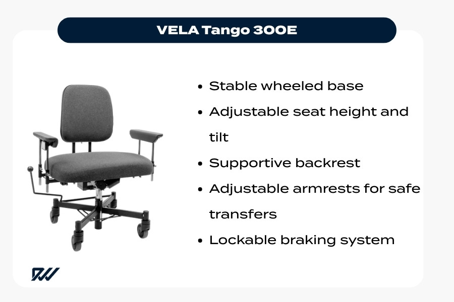 VELA Tango 300E specialist ergonomic chair with lockable wheels and supportive backrest