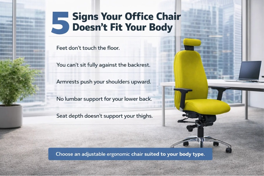 Infographic showing five signs your office chair does not fit your body, including poor seat height, lack of lumbar support, and incorrect armrest position.