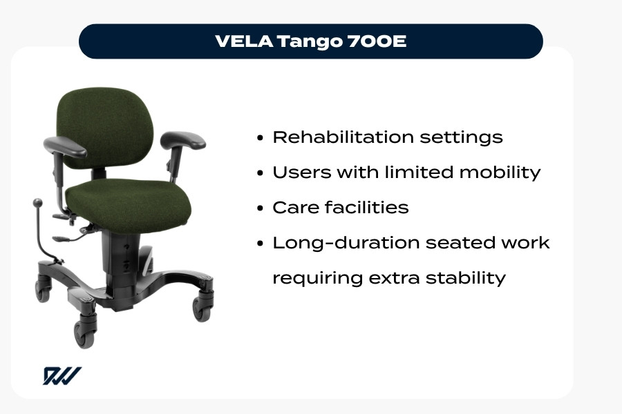 VELA Tango 700E specialist ergonomic chair with stable base for rehabilitation and mobility support